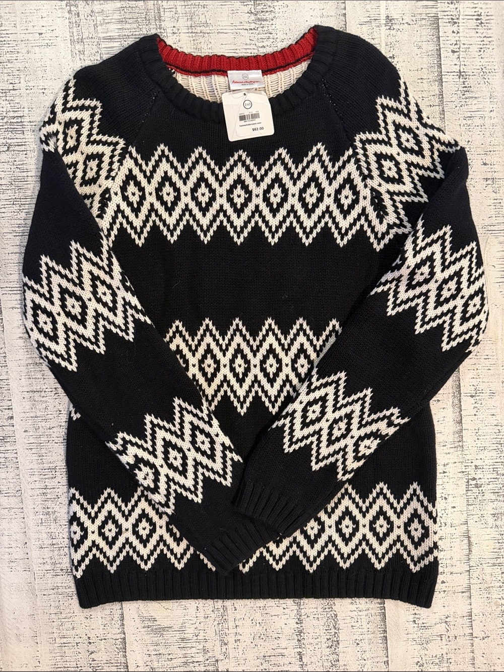NWT Hanna Andersson Black & White Fair Isle Crewneck Sweater with Red Trim